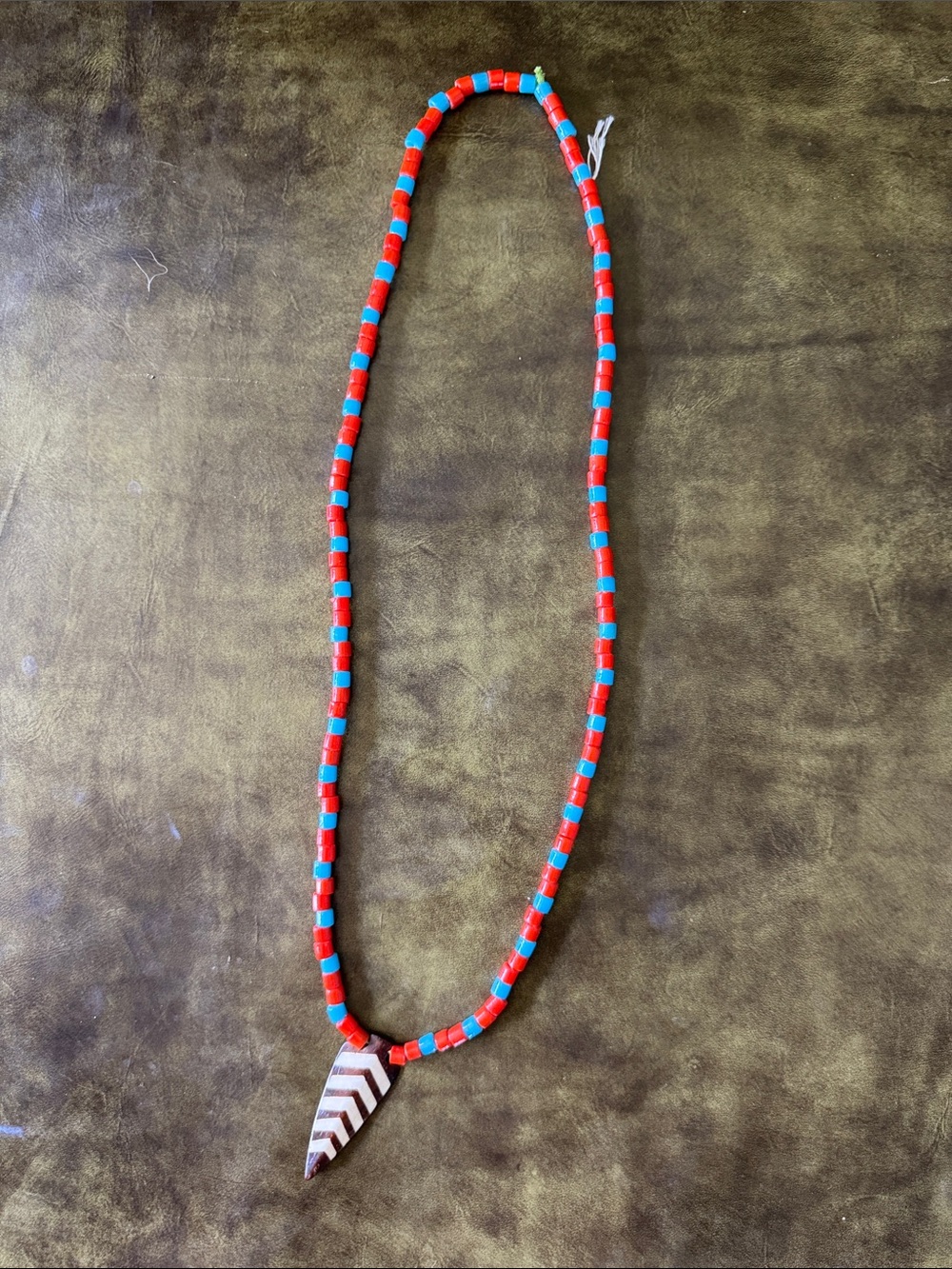 Handmade Red and Turquoise Beaded Necklace with Chevron Pendant